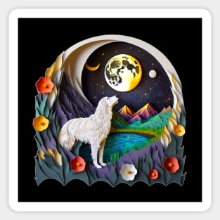 Great Pyrenees Dog Nature Full Crescent Moon Stars Whimsical Sticker